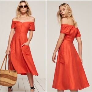 REFORMATION Mariposa Dress Linen Blend Off The Shoulder Button Front A-Line Midi